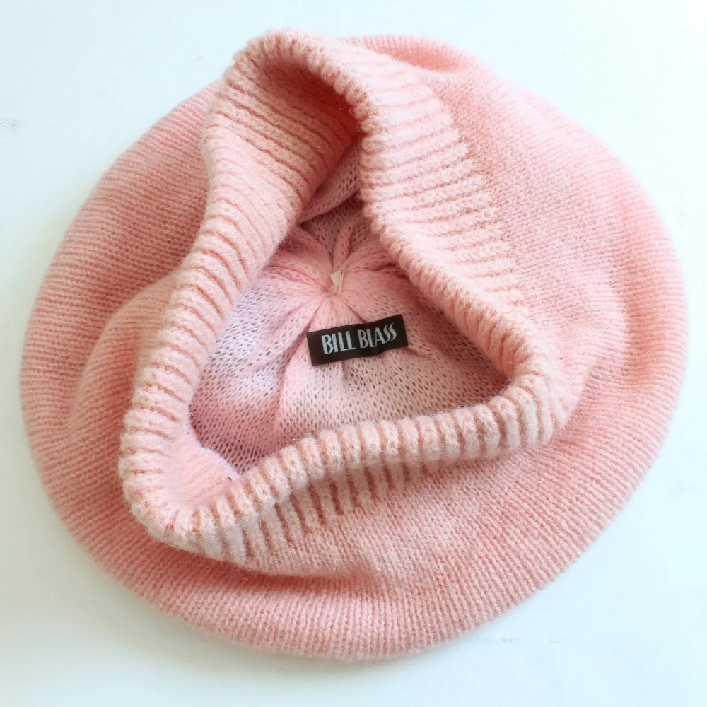 Bill Blass Hat Beret Wool Mohair Knit Pink Gray Vintage 70s Rare